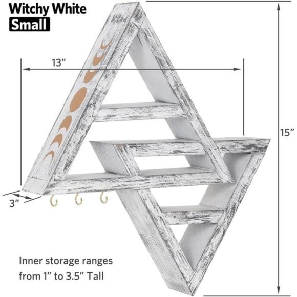 Moon Phase Triangle Shelf with Hooks - Moon Shelf for Crystals- Witchy White - Picture 3 of 7